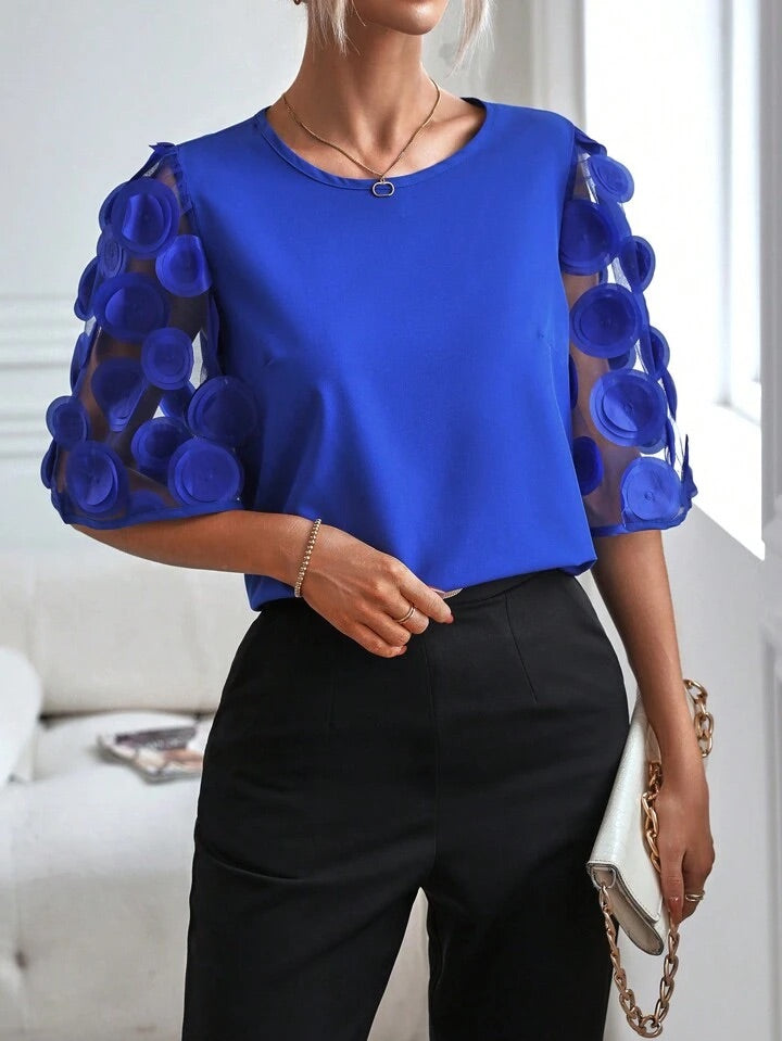 CM-TS705685 Women Casual Seoul Style Round Neck Contrast Mesh Sleeve Blouse - Royal Blue