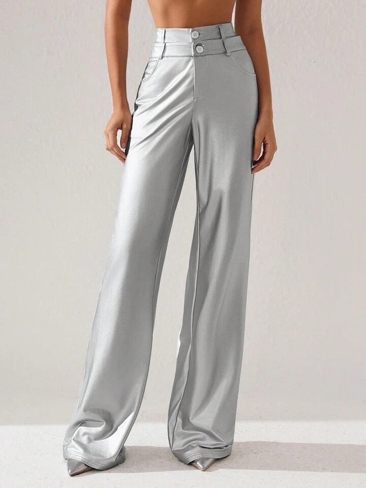 CM-BS714414 Women Elegant Seoul Style Metallic High Waist Wide Leg Pants - Silver