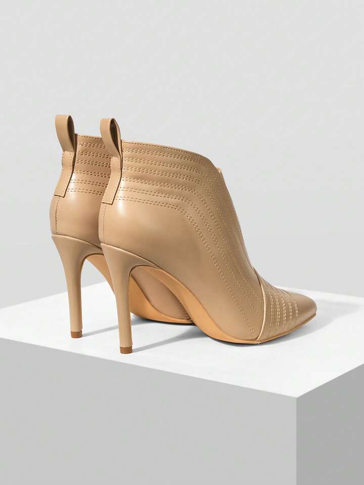 CM-SHS070792 Women Trendy Seoul Style Quilted Line Pointed Toe High Heel Ankle Boots - Apricot