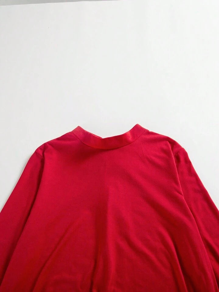 CM-DS107016 Women Elegant Seoul Style High Collar Long Sleeve Mid-Length Dress - Red