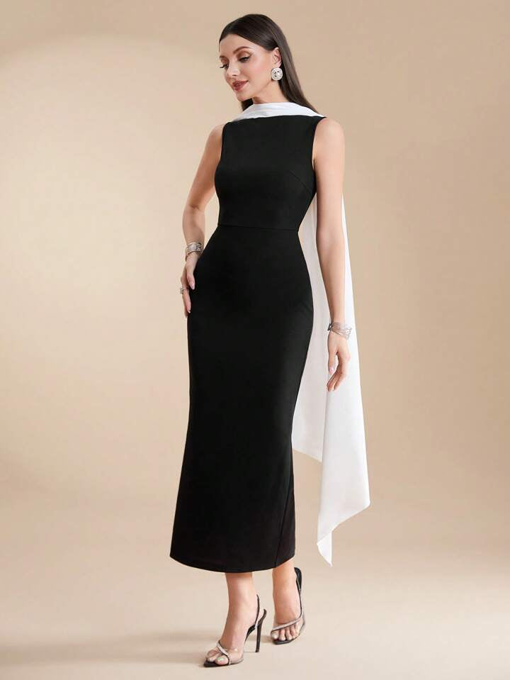 CM-DS164382 Women Elegant Seoul Style Colorblock Slim Fit Sleeveless Midi Dress - Black