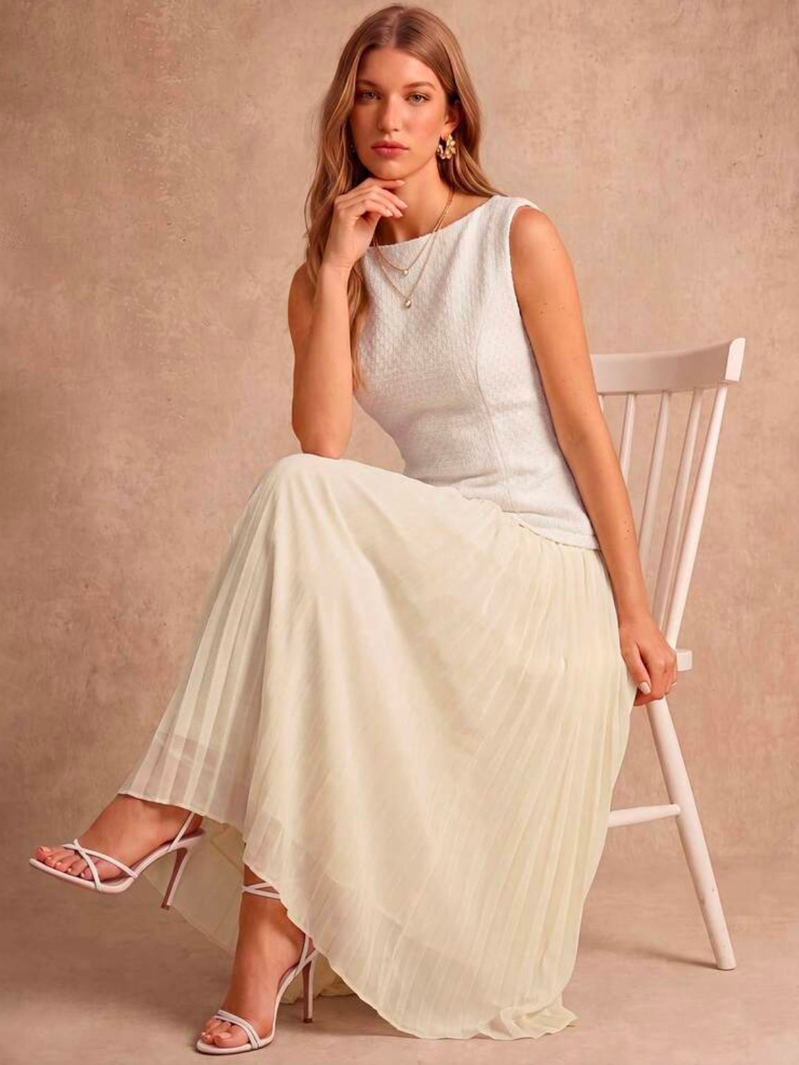 CM-DS567698 Women Elegant Seoul Style Boat Neck Sleeveless Pleated Hem Backless Maxi Dress - Beige