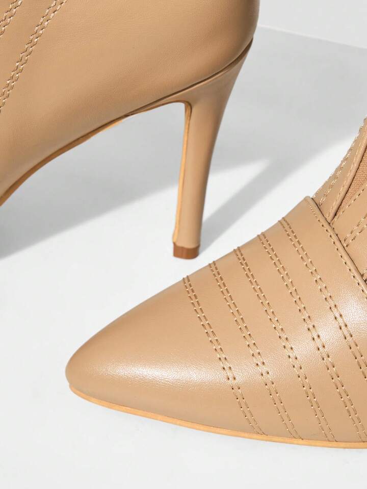 CM-SHS070792 Women Trendy Seoul Style Quilted Line Pointed Toe High Heel Ankle Boots - Apricot