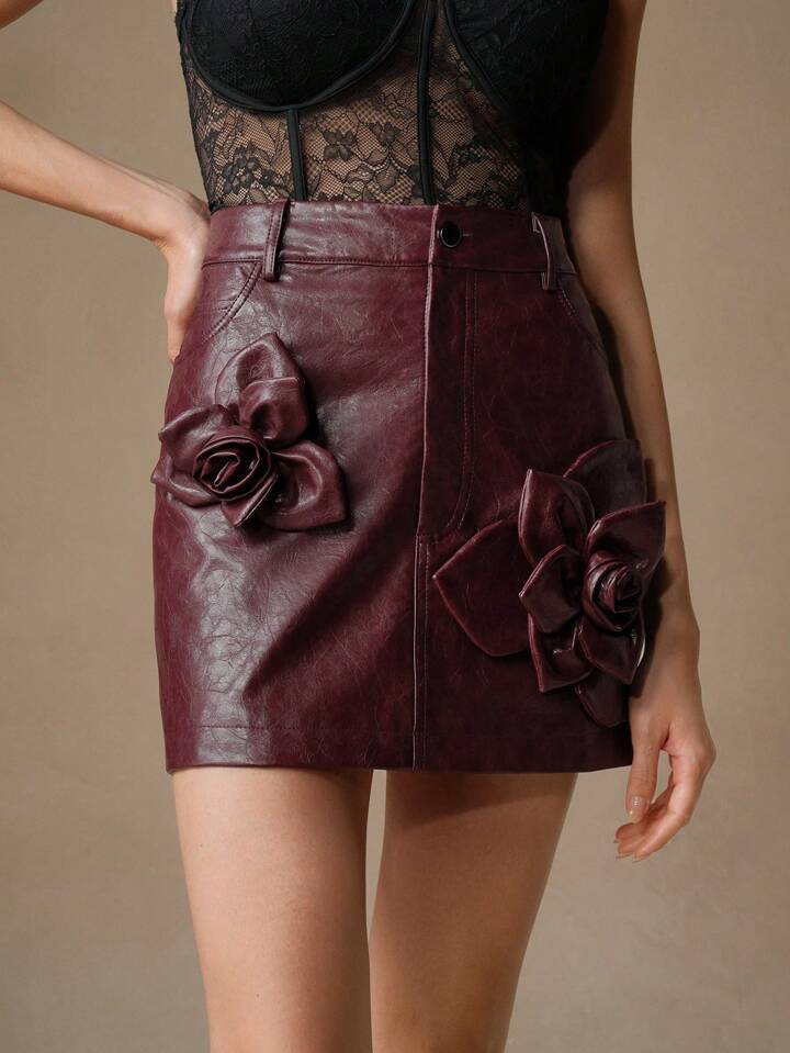 CM-BS212248 Women Casual Seoul Style 3D Floral Decor PU Leather Mini Skirt - Burgundy