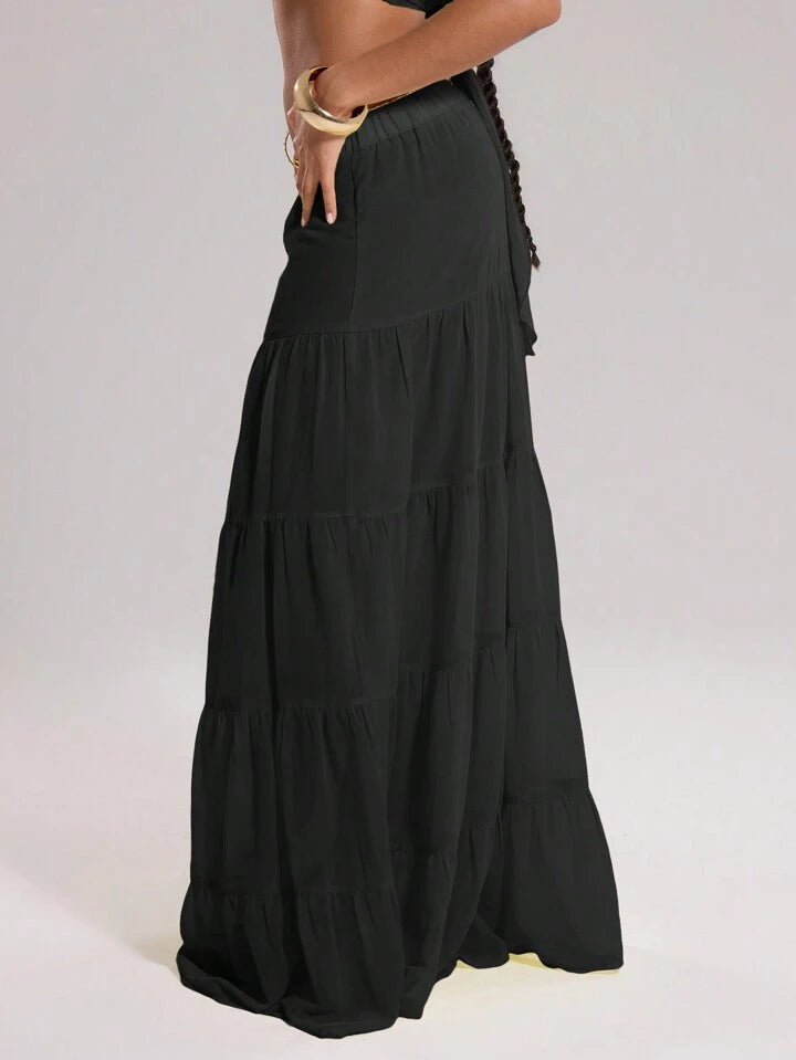 CM-BS664444 Women Trendy Bohemian Style Chiffon Layered Tiered Loose Maxi Skirt - Black