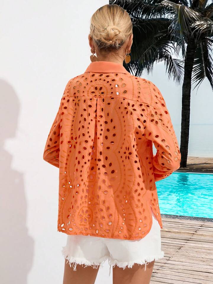 CM-TS694967 Women Trendy Bohemian Style Hollow Out Slim Fit Long Sleeve Shirt - Orange