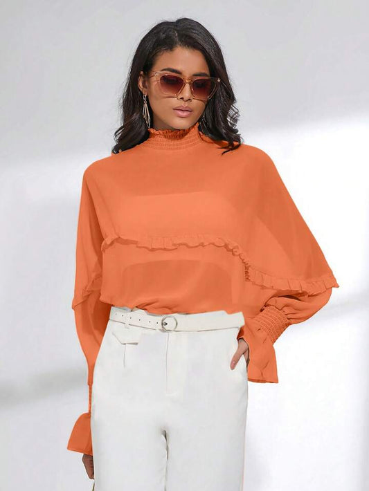 CM-TS542505 Women Trendy Bohemian Style Shirred Neck Batwing Sleeve Sheer Blouse - Orange