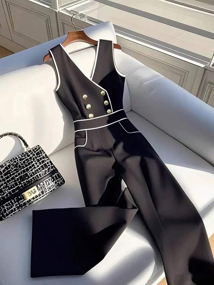 CM-JS929219 Women Elegant Seoul Style V-Neck Sleevelss High Waist Colorblock Jumpsuit - Black