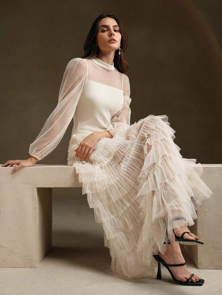CM-DS765537 Women Elegant Seoul Style Stand Collar Long Sleeve Mesh Patchwork Layered Dress