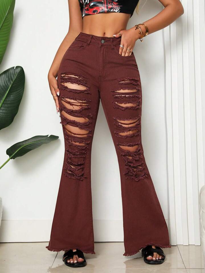 CM-BS567564 Women Casual Seoul Style Pocket Distressed Skinny Flared Jeans - Burgundy