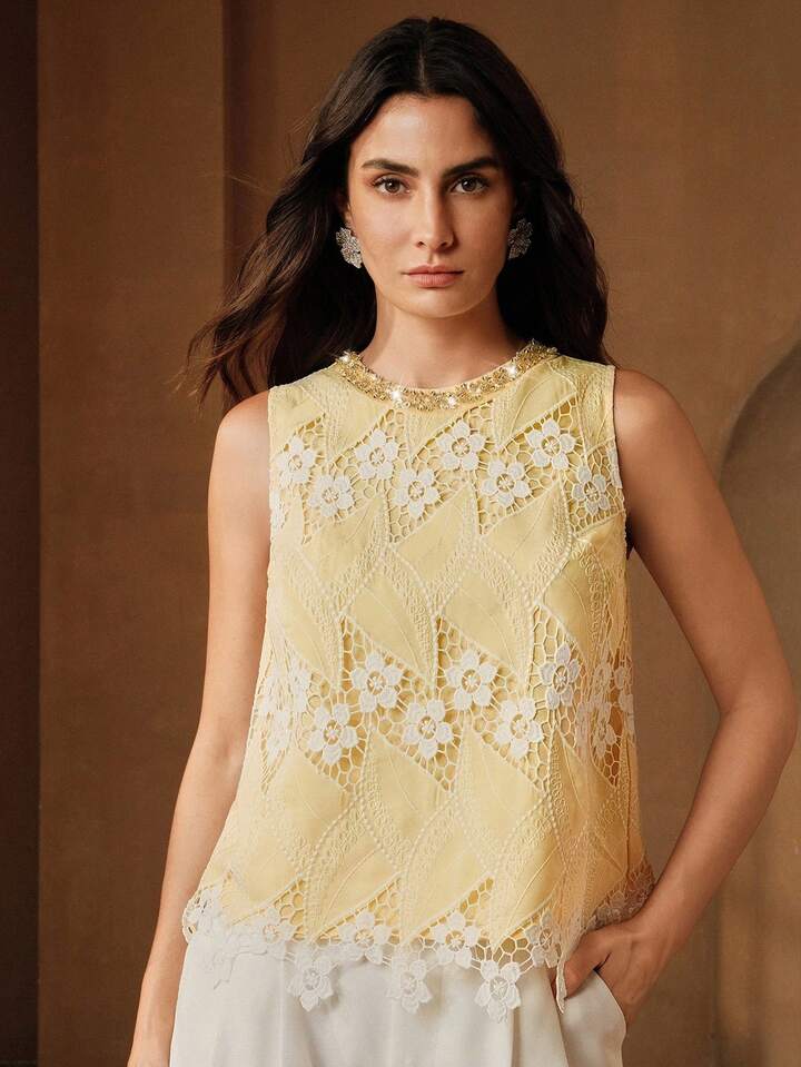 CM-TS157263 Women Elegant Seoul Style Rhinestone Collar Lace Embroidered Floral Sleeveless Blouse - Yellow