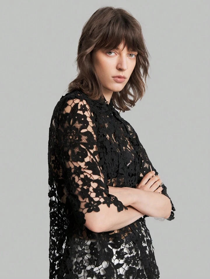 CM-TS336051 Women Casual Seoul Style Stand Collar Short Sleeve Lace Hollow Out Shirt - Black