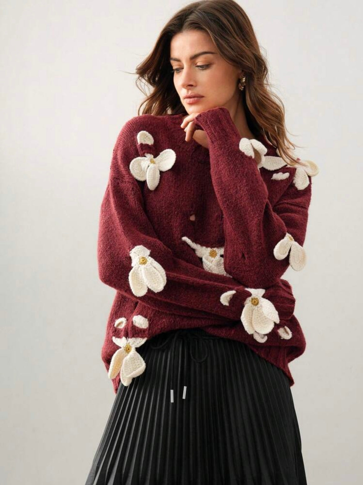 CM-CS771282 Women Casual Seoul Style Round Neck Crochet 3D Floral Long Sleeve Knitted Sweater