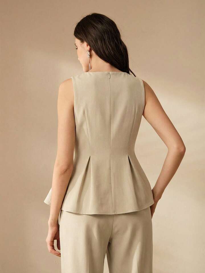 CM-TS666001 Women Elegant Seoul Style Embroidered Waist Fitted A-Line Asymmetrical Hem Tank Top - Apricot