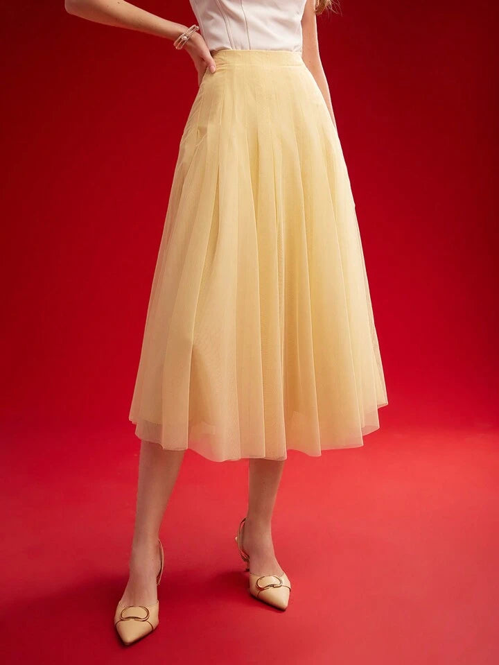 CM-BS708014 Women Elegant Seoul Style Mid Waist Contrast Mesh Flared Skirt - Yellow