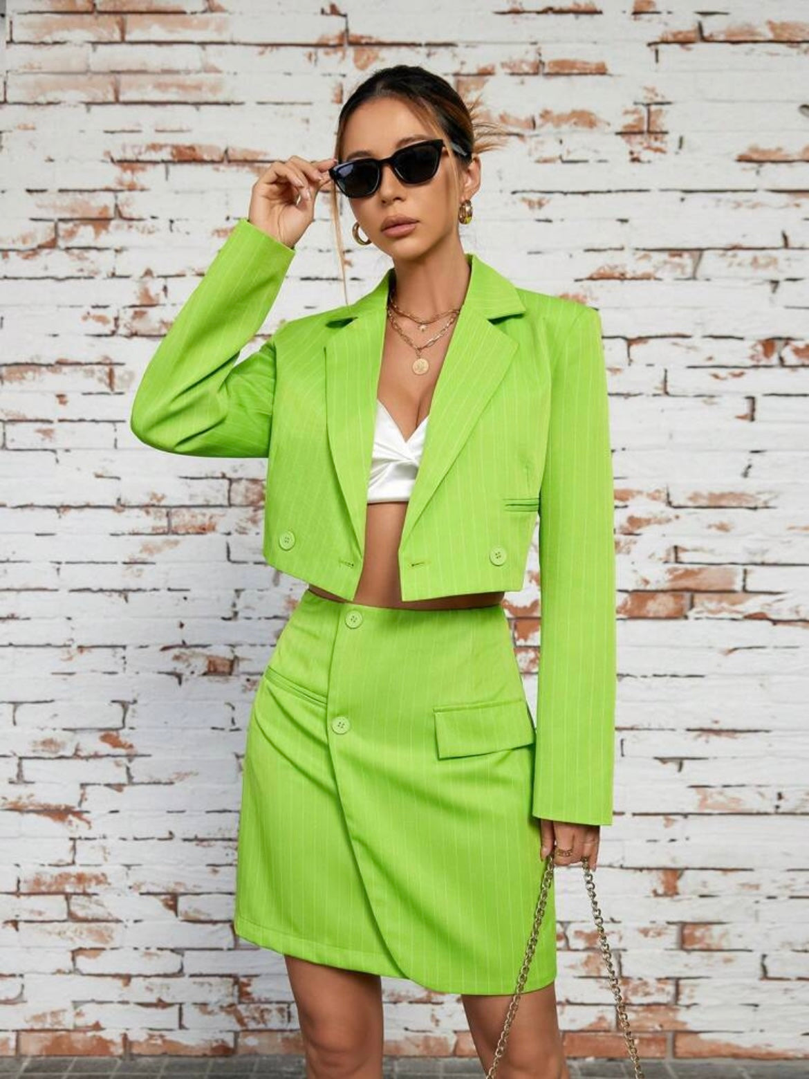 CM-SS429526 Women Elegant Seoul Style Stripe Cropped Jacket With Wrapped Skirt Suit - Green