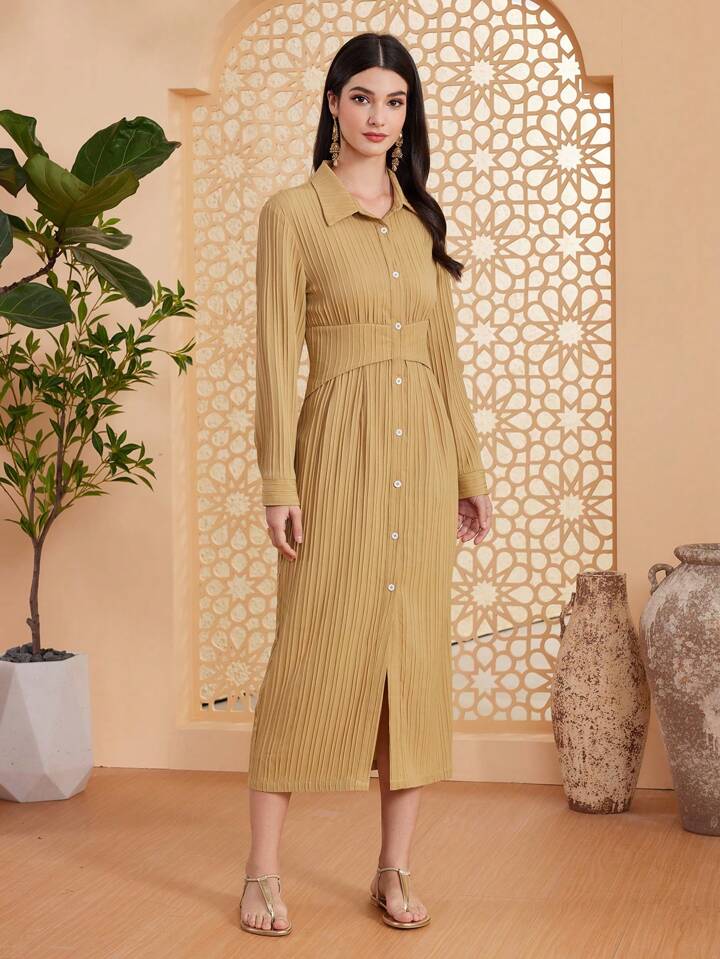 CM-DS174744 Women Elegant Seoul Style Shirt Collar Front Button Up Pleated Dress - Khaki
