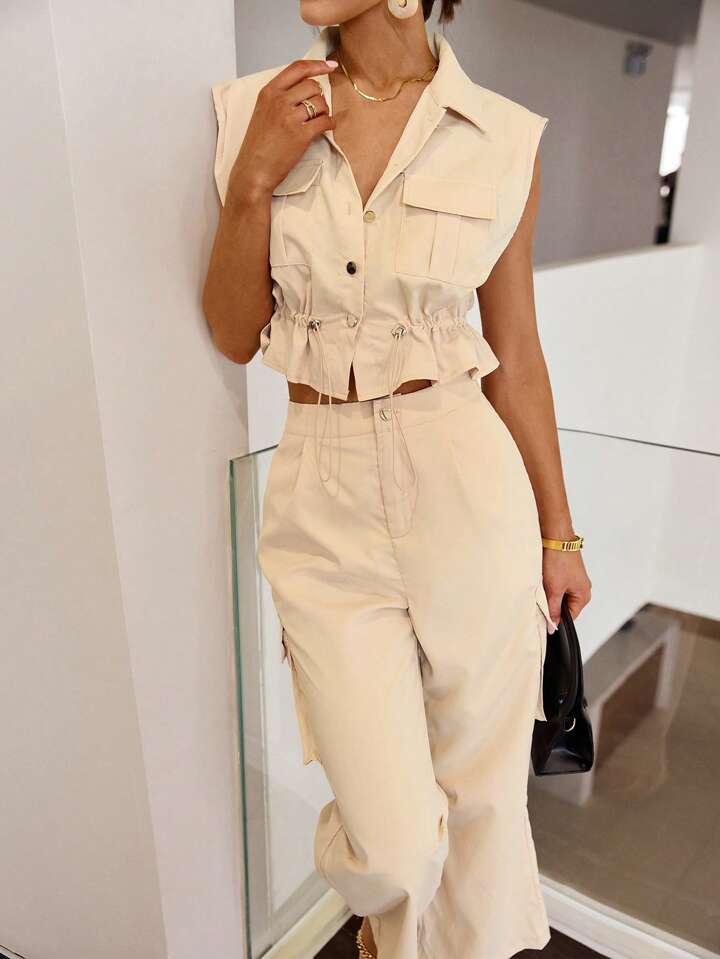 CM-SS109190 Women Casual Seoul Style Button Sleeveless Top With Drawstring Waist Work Pants - Khaki