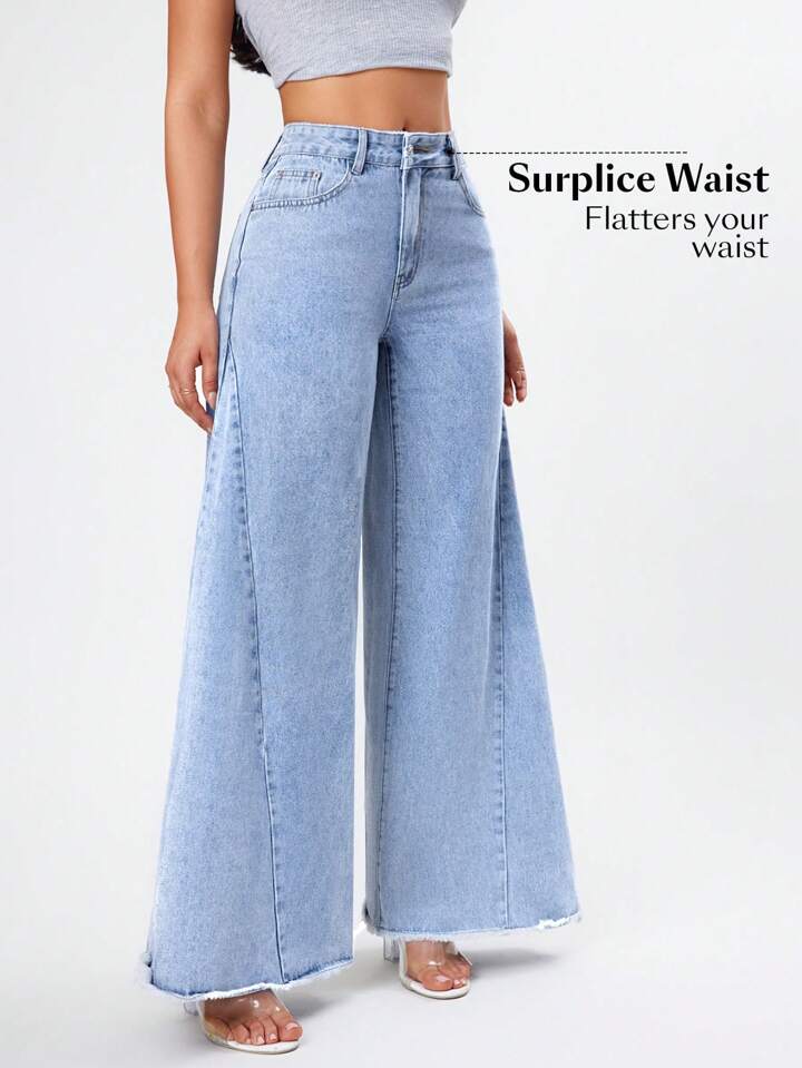 CM-BS896065 Women Casual Seoul Style Light Wash High Waist Raw Hem Wide Leg Jeans
