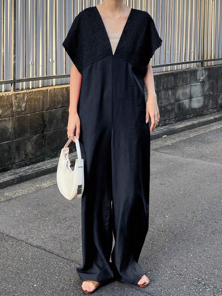 CM-JS657887 Women Trendy Bohemian Style V-Neck With Drawstring Jumpsuit Trousers - Navy Blue