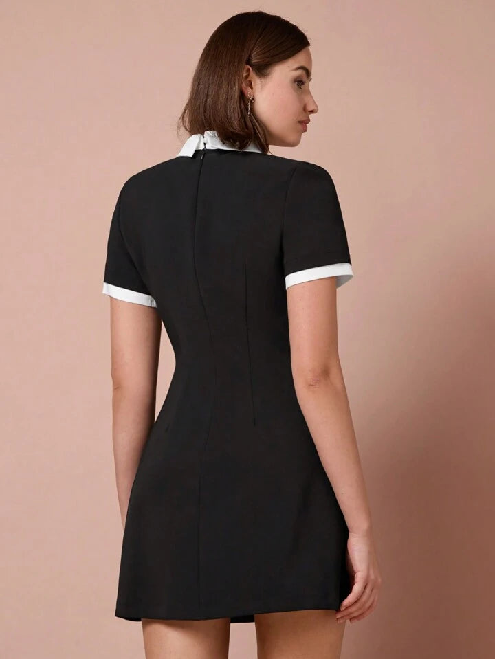 CM-DS235485 Women Elegant Seoul Style Pearl Rhinestone Decor Collar Short Sleeve A-Line Short Dress