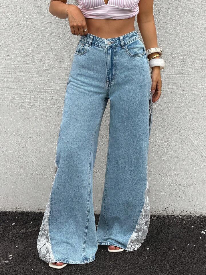 CM-BS984479 Women Casual Seoul Style Lace Patchwork Sheer Loose Denim Wide Leg Pants - Blue