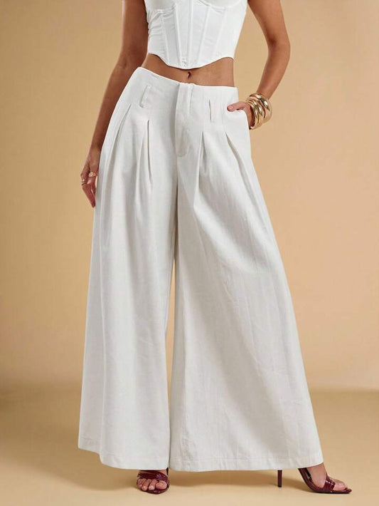 CM-BS802596 Women Casual Seoul Style Solid Color Twill Pleated Pocket Low Waist Trousers - White