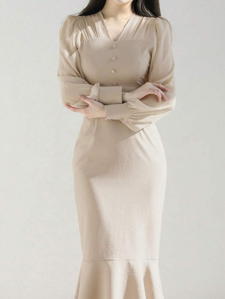 CM-DS531451 Women Elegant Seoul Style Solid Button Detail Long Sleeve Mermaid Hem Dress