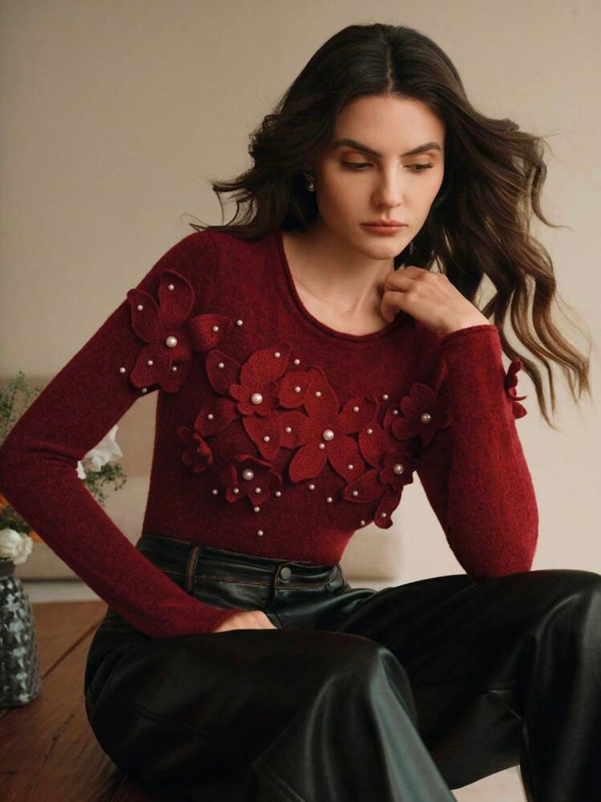 CM-CS786989 Women Casual Seoul Style Crochet Beaded Crew Neck Layer T-Shirt - Red