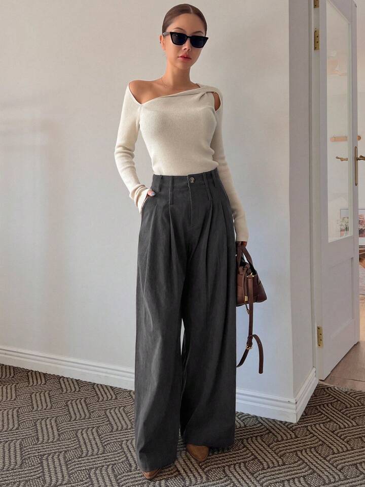 CM-BS111011 Women Casual Seoul Style Pleated Loose Fit Pants With Pockets - Dark Gray