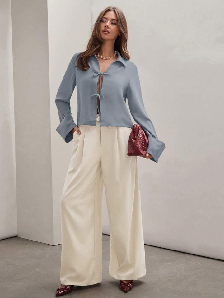 CM-TS815344 Women Trendy Bohemian Style Shirt Collar Front Tie Long Sleeve Shirt - Baby Blue