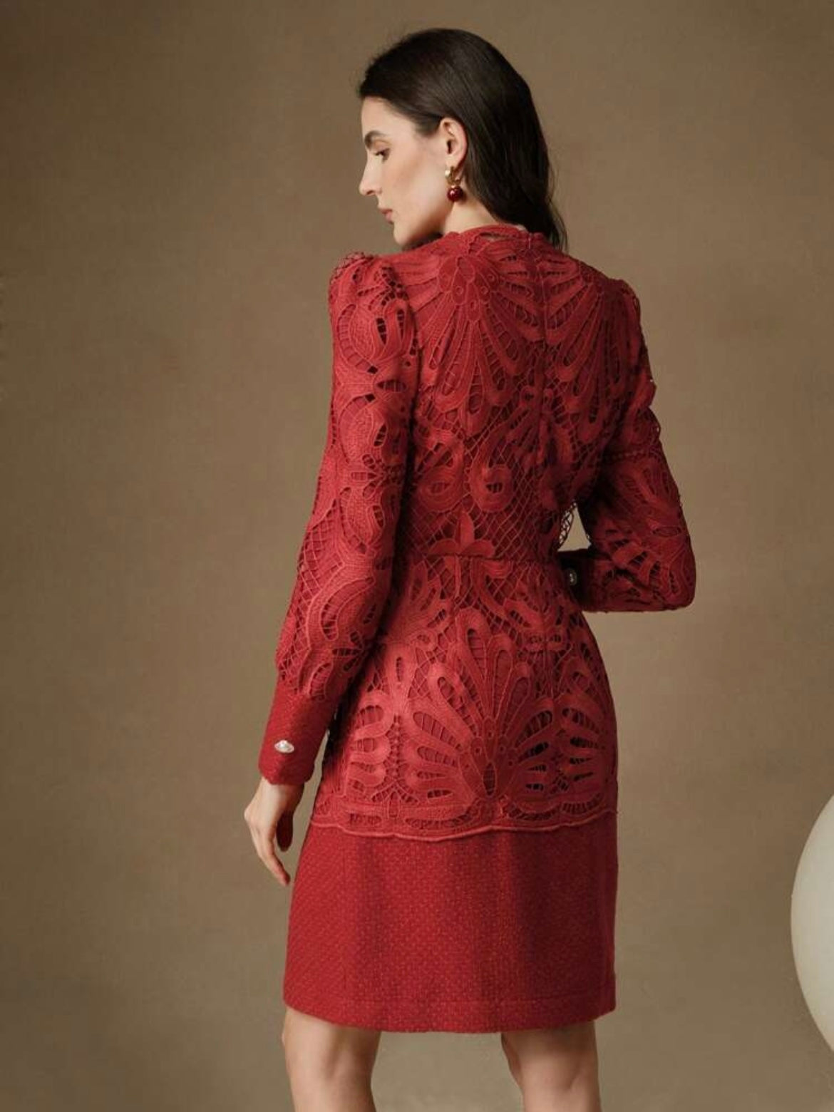 CM-DS114407 Women Elegant Seoul Style Stand Collar Long Sleeve Lace Patchwork Cheongsam Dress - Burgundy