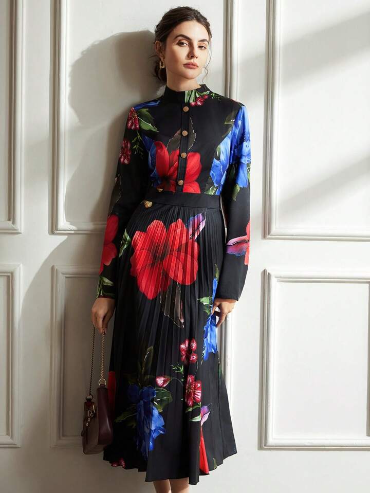 CM-DS903060 Women Retro Seoul Style Floral Print Stand Colla Metal Buttons Pleated Hem Dress