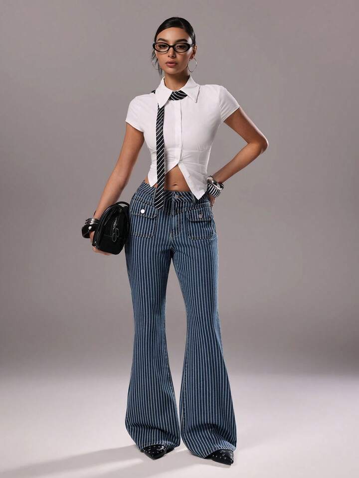 CM-BS658582 Women Casual Seoul Style Medium Wash Striped Patch Pocket Low Waist Flare Jeans