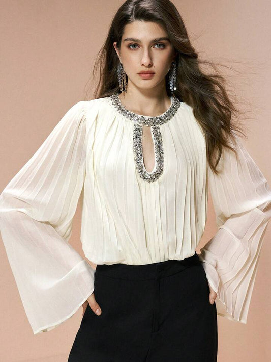 CM-TS001543 Women Elegant Seoul Style Round Neck Long Sleeve Pleated Cutout Rhinestone Embellished Chiffon Top