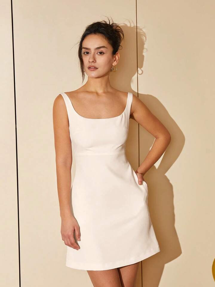 CM-DS239207 Women Elegant Seoul Style Solid Scoop Neck Sleeveless Mini Dress - White