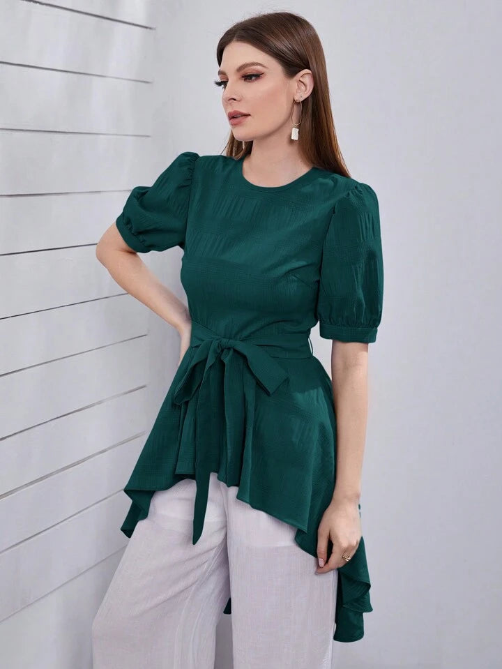 CM-TS741554 Women Casual Seoul Style Round Neck Bubble Short Sleeve Aymmetric Hem Blouse