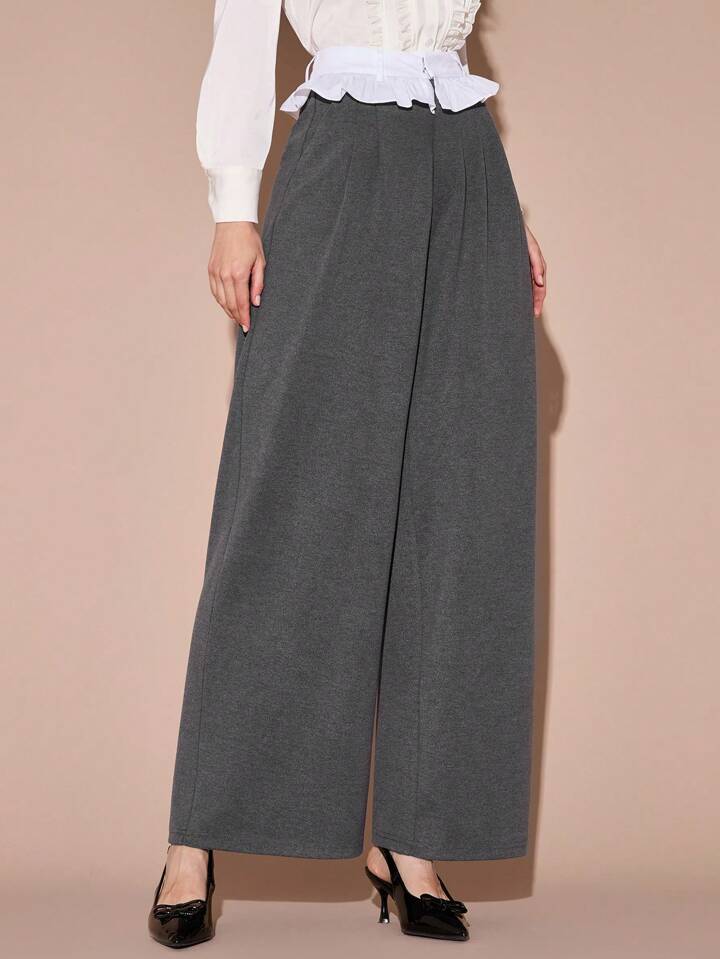 CM-BS769739 Women Casual Seoul Style Contrast Color High Waist Ruffle Hem Wide Leg Pants - Gray