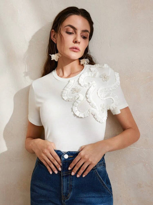 CM-TS986634 Women Casual Seoul Style Slim Fit Elastic 3D Floral Print Short Sleeve T-Shirt Top - White