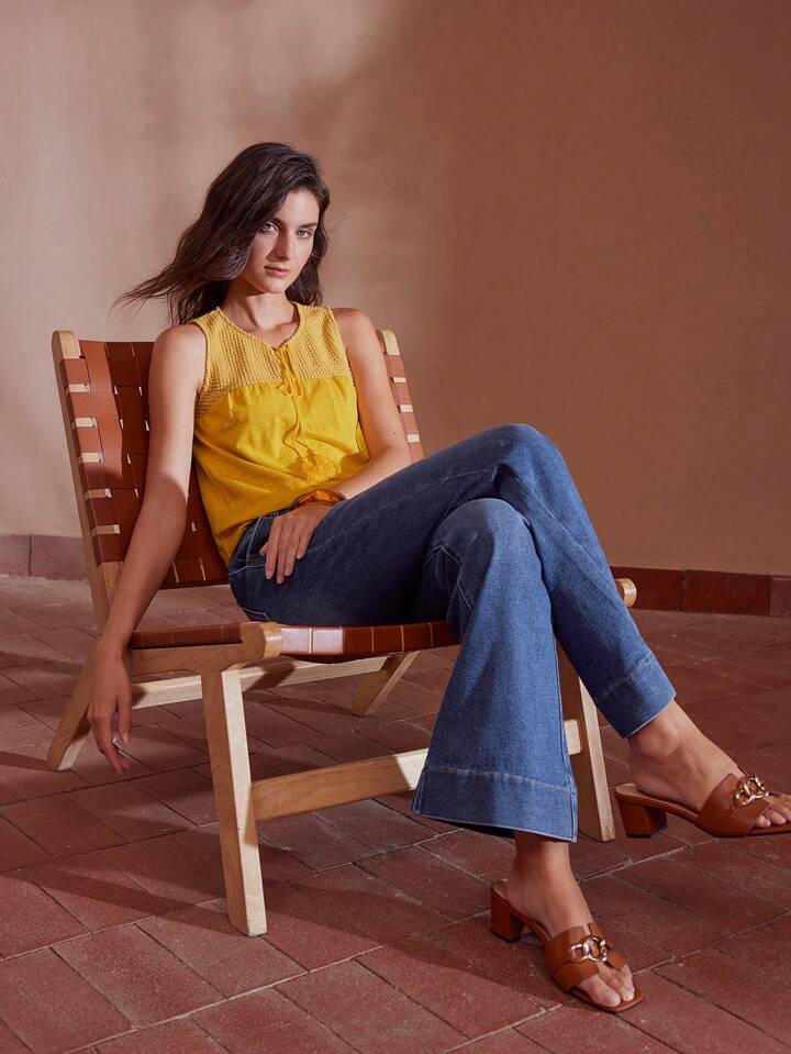 CM-BS863491 Women Casual Seoul Style Foldover Slant Pocket Flafre Leg Jeans - Blue
