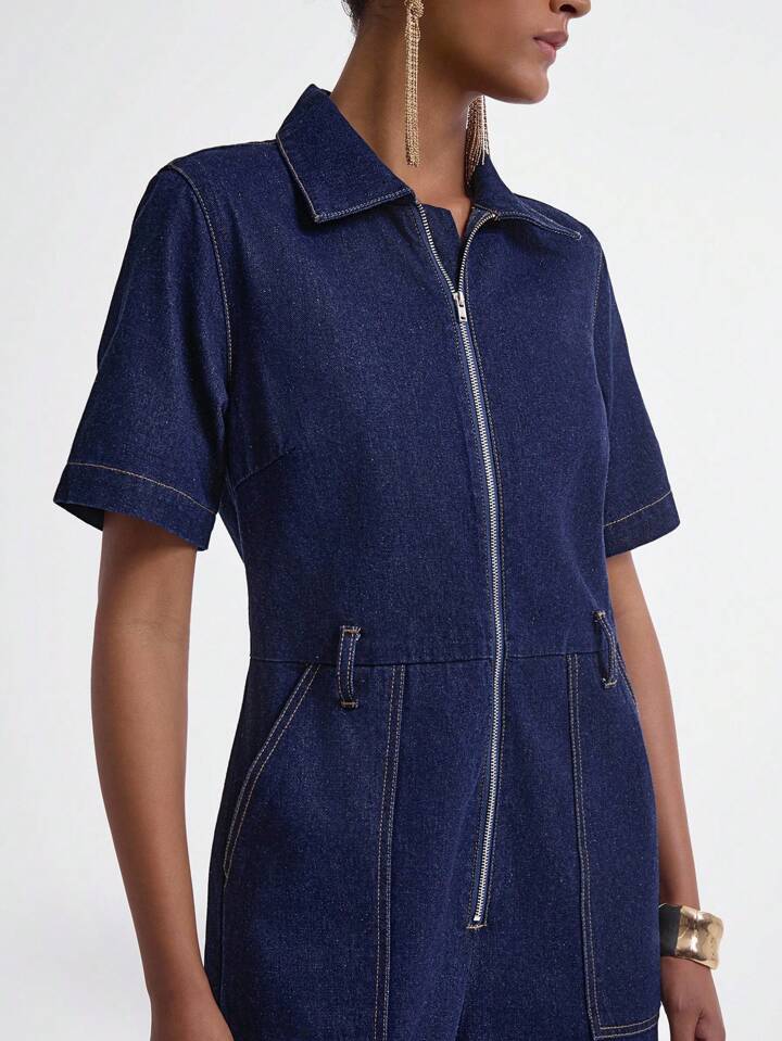 CM-JS957764 Women Casual Seoul Style Dark Wash Collar Neckline Short Sleeve Loose Denim Jumpsuit