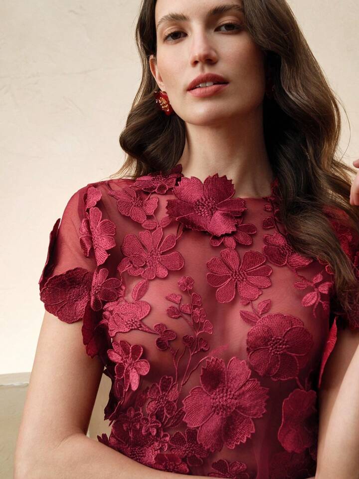 CM-TS380489 Women Elegant Seoul Style Round Neck Flounce Sleeve Embroidery Floral Applique Blouse - Rose Red