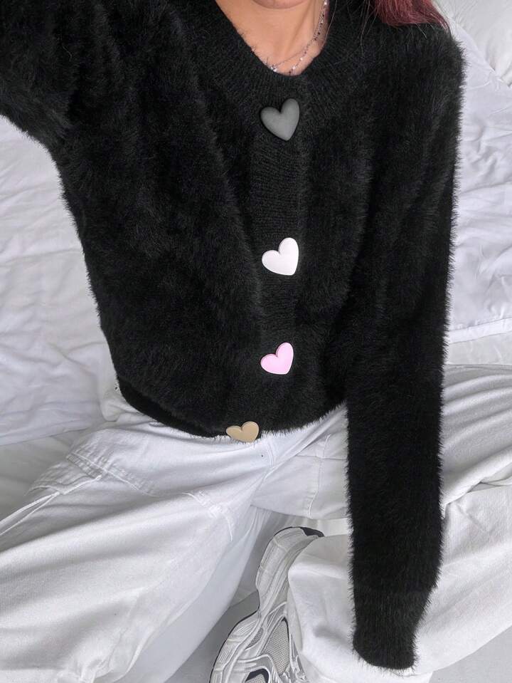 CM-CS746768 Women Casual Seoul Style Colorful Heart Button Front Cardigan - Black