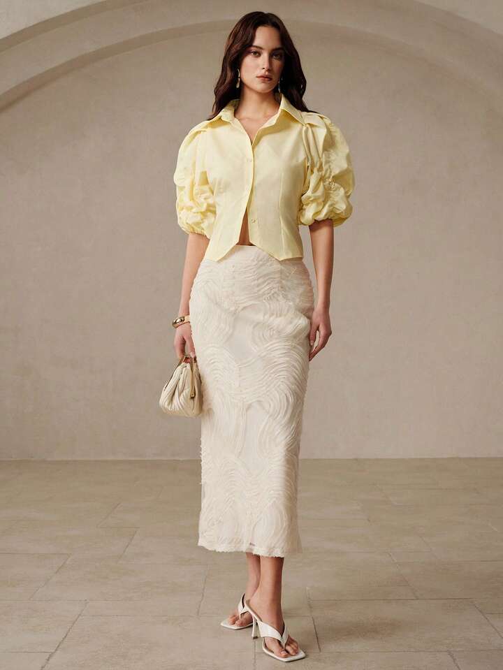 CM-TS143944 Women Elegant Seoul Style Lapel Collar Puff Sleeve Shirred Waist Cinched Short Asymmetrical Hem Blouse