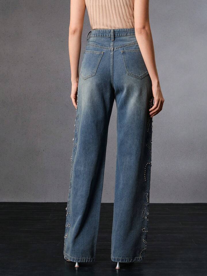 CM-BS854729 Women Elegant Seoul Style Mid Waist Embroidered Straight Leg Jeans - Blue