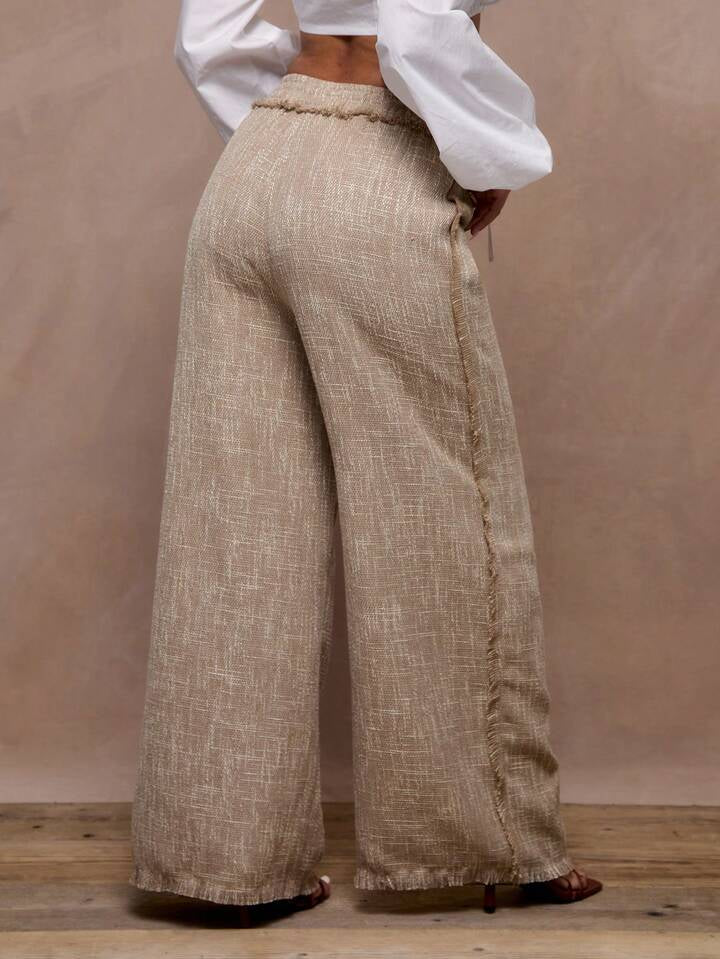 CM-BS646463 Women Trendy Bohemian Style Linen Fray Trim Wide Leg Trouser