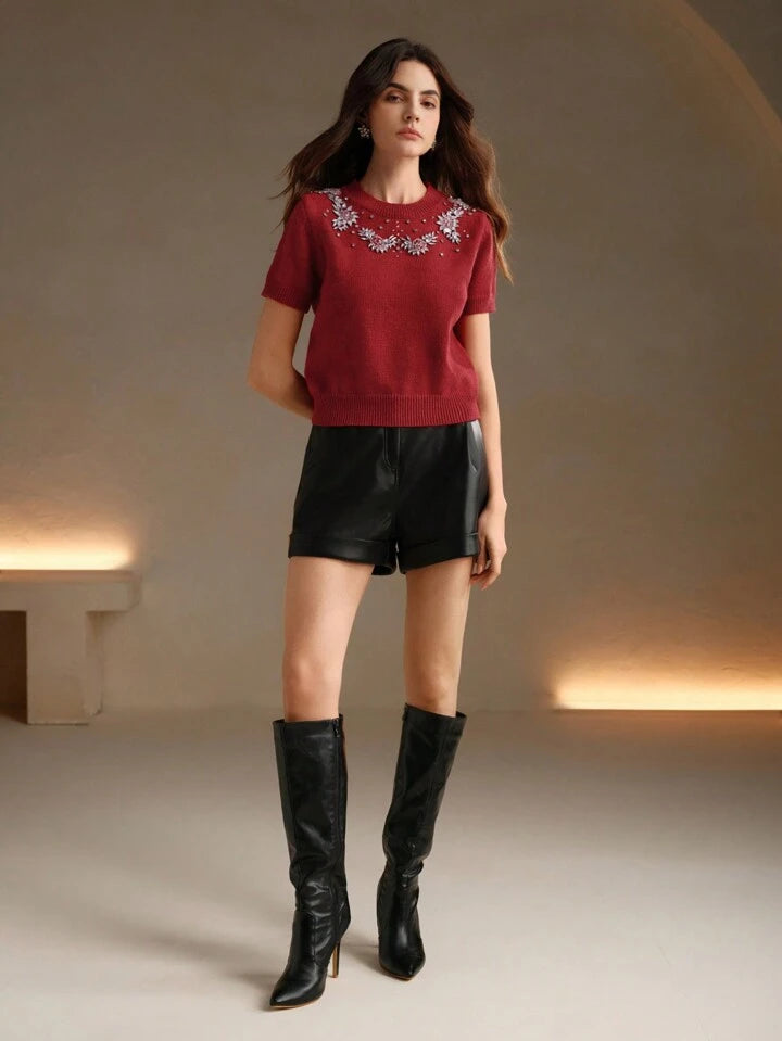 CM-TS049571 Women Casual Seoul Style Round Neck Short Sleeve Embroidered Rhinestone Embellished Knit Top - Red