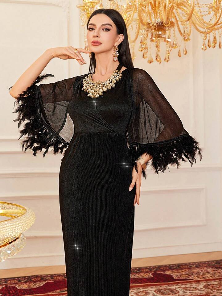 CM-DS330838 Women Elegant Seoul Style Slim Fit Patchwork Feather Sleeve Hem Bodycon Dress