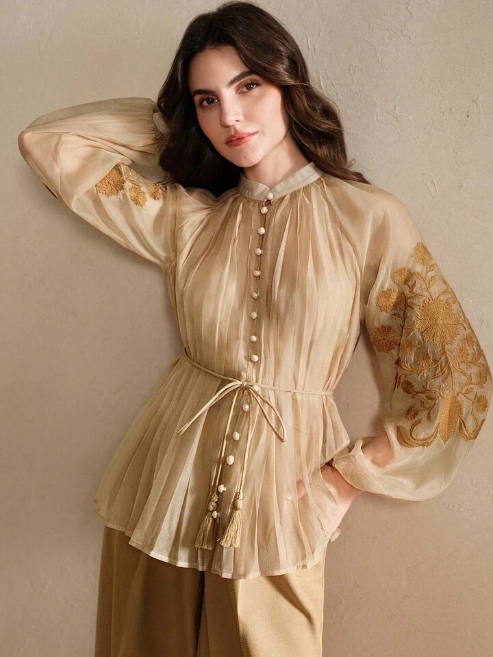 CM-TS116612 Women Elegant Seoul Style Stand Collar Long Sleeve Pleated Embroidered Tie Waist Blouse - Khaki