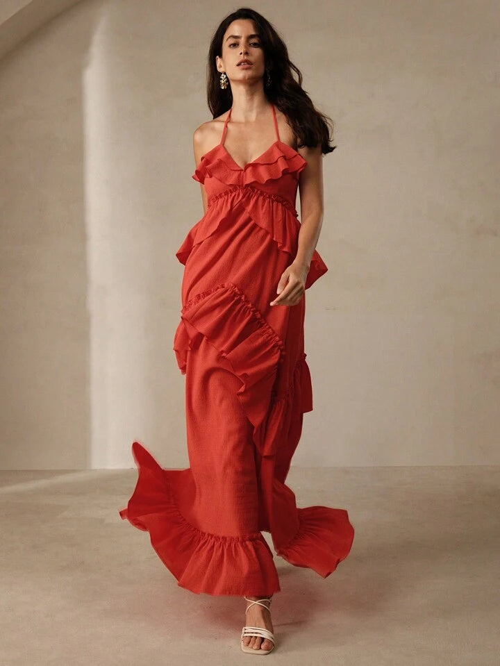 CM-DS229293 Women Trendy Bohemian Style Layered Ruffle Hem Cinched Waist Maxi Dress - Orange